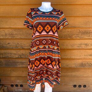 Lularoe Aztec Tribal Print Midi Dress Short Sleeve Made With Stretch Fabric Mult